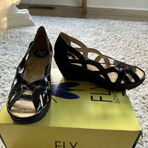 Fly London Black Luxor Wedge Sandals